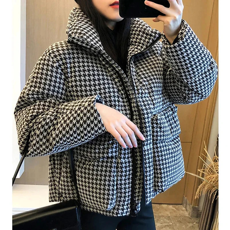 Fashion Hounds tooth Puffer Jacket 