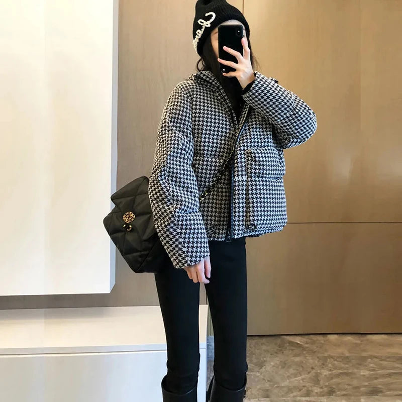 Fashion Hounds tooth Puffer Jacket 