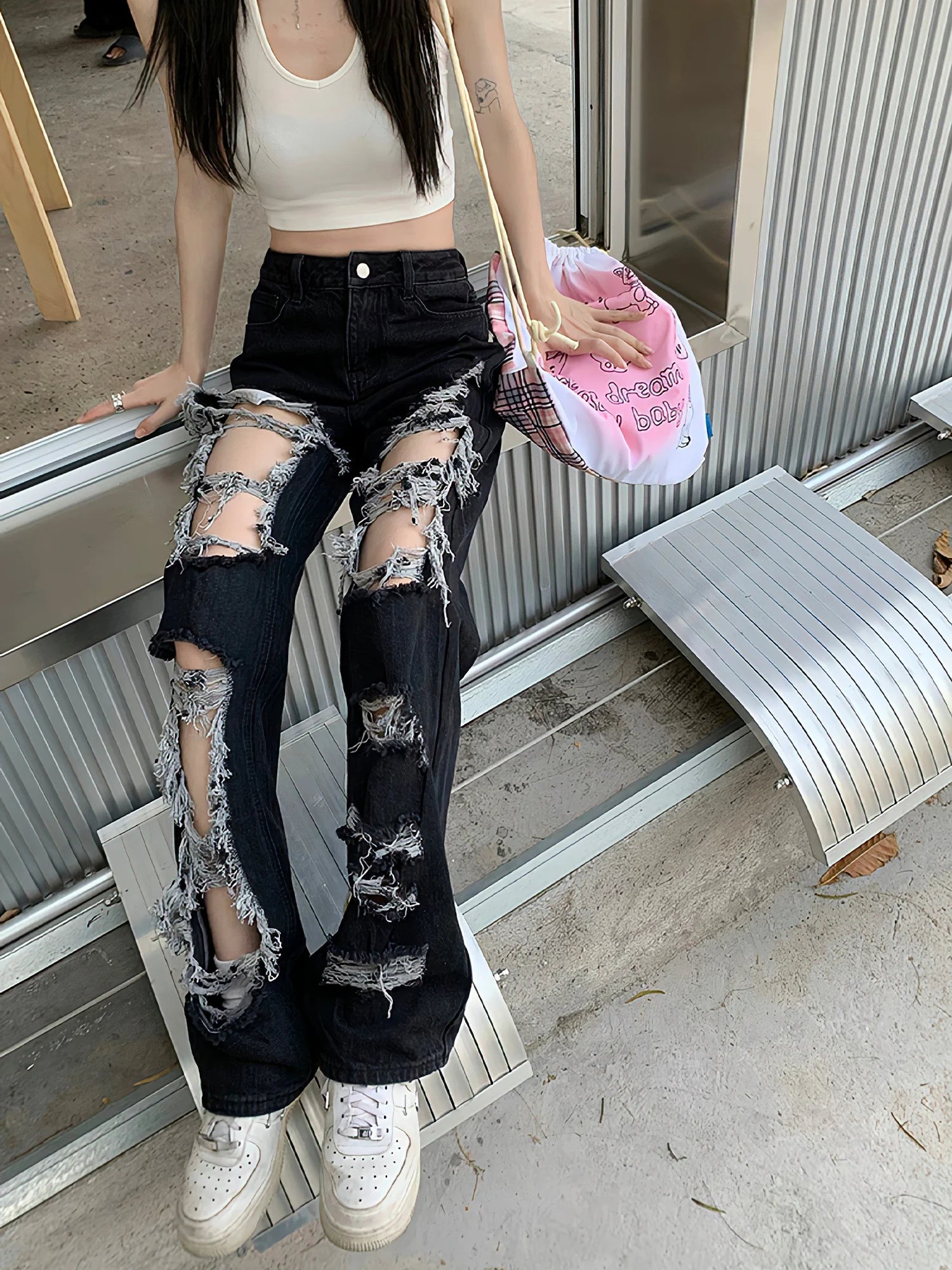 New Women Distressed Broken Hole Streetwear Jeans